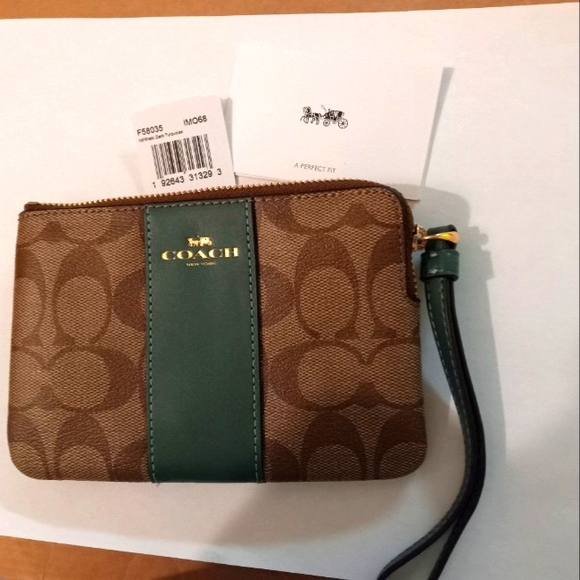 ♦Coach VTG Corner Zip Wristlet F58035-Khaki & Dark Turquoise- Brand New With Tag - Picture 8 of 16